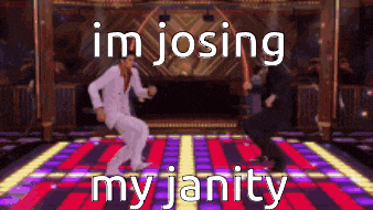 a man in a suit is dancing on a dance floor with a caption that says i 'm joosing my janity .