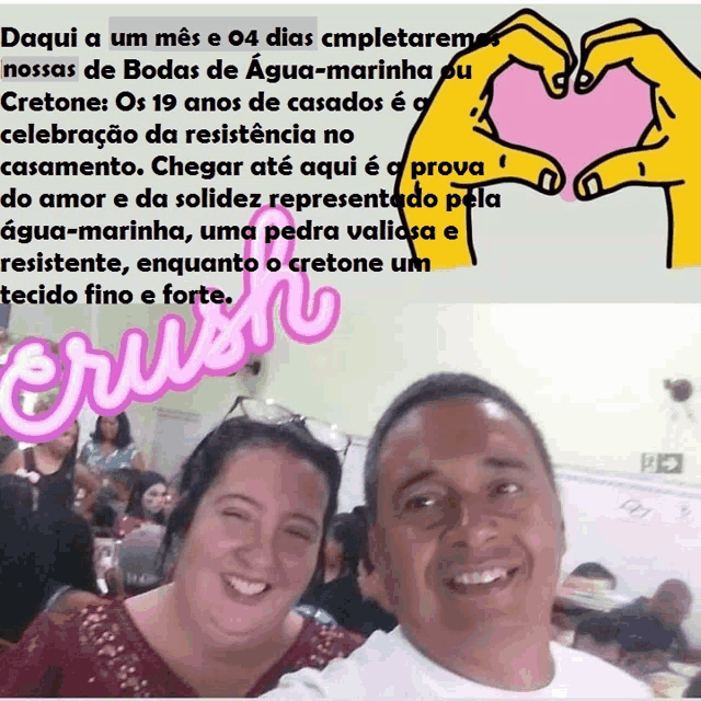 a man and woman making a heart shape with their hands and the words crush on the bottom