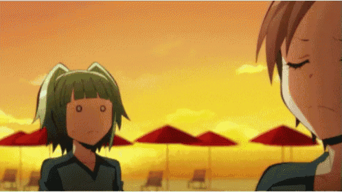 a couple of anime characters standing on a beach with umbrellas