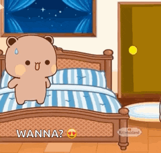 a teddy bear is standing next to a bed in a bedroom and says `` wanna '' .