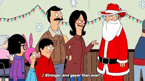 a group of cartoon characters are standing next to each other and talking to a santa claus .