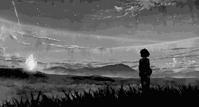 a black and white drawing of a person standing in a field looking at the sky .