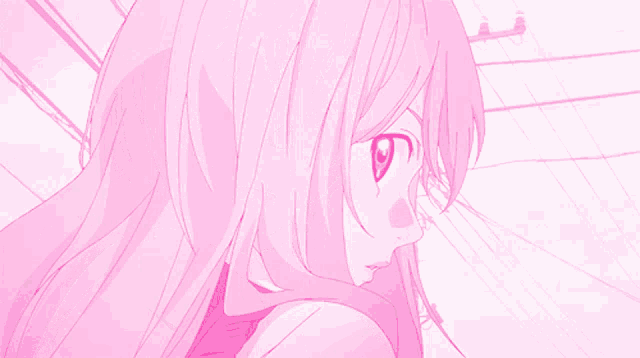 a girl with pink hair and red eyes is looking at the camera