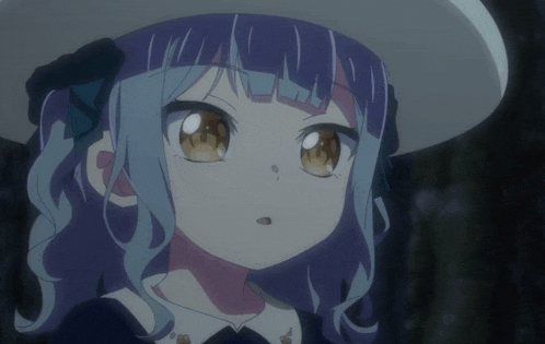 a girl with purple hair and a white hat