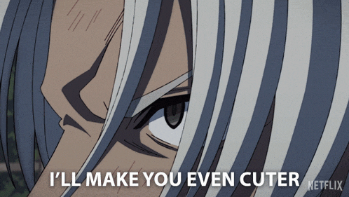 a close up of a person 's face with the words " i 'll make you even cuter " written below it