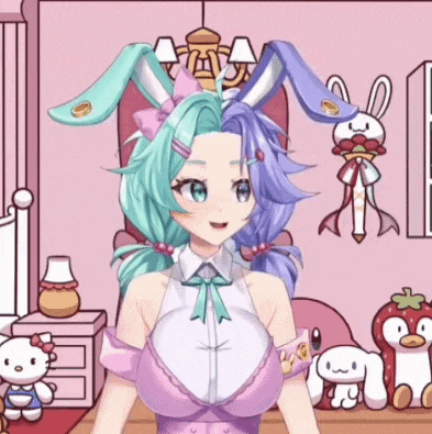 a girl with bunny ears is standing in a room with stuffed animals and a hello kitty .