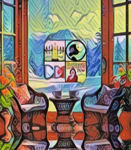 a painting of two chairs and a table with a sign that says business congress now