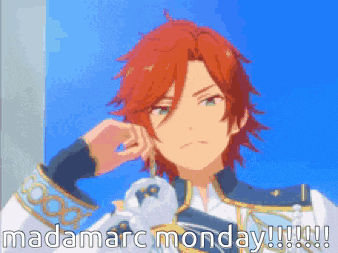 a pixel art of a red haired anime character with the words madam arc monday written below him