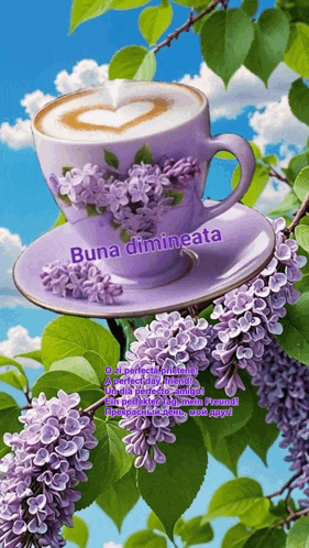 a cup of coffee with a heart shaped foam sits on a saucer next to purple flowers
