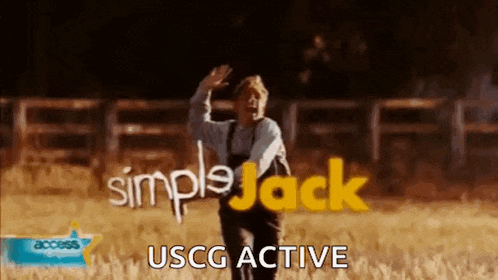 a man standing in a field with the words simple jack uscg active behind him