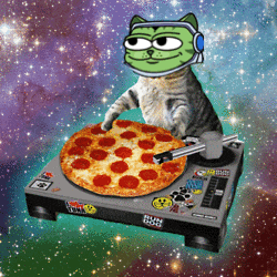 a cat wearing headphones is holding a pepperoni pizza on top of a turntable
