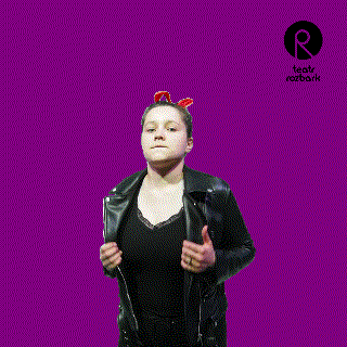 a woman in a black leather jacket is standing in front of a purple background with a logo for teatr rozbark