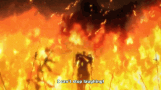 a man is standing in front of a large fire with the words i can 't stop laughing .