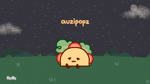 a cartoon taco is sleeping in a field under a starry sky with the words auzipopz