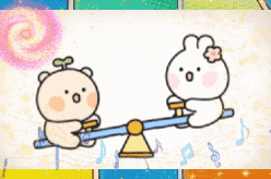 a bear and a rabbit are sitting on a seesaw with korean writing