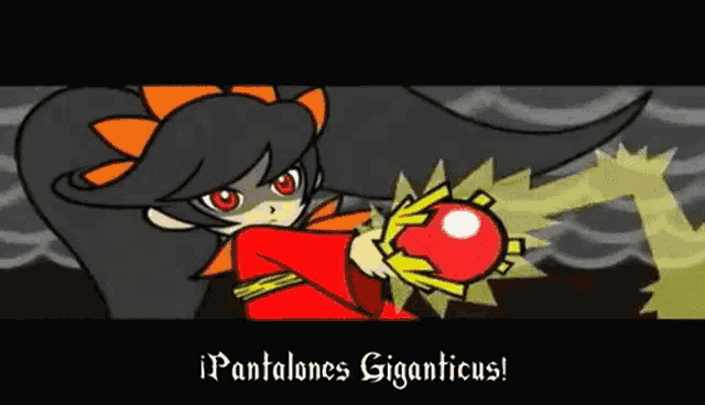 a cartoon of a girl holding a red ball with the words pantalones giganticus on the bottom
