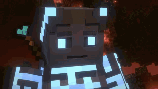 a close up of a minecraft character 's face with glowing eyes