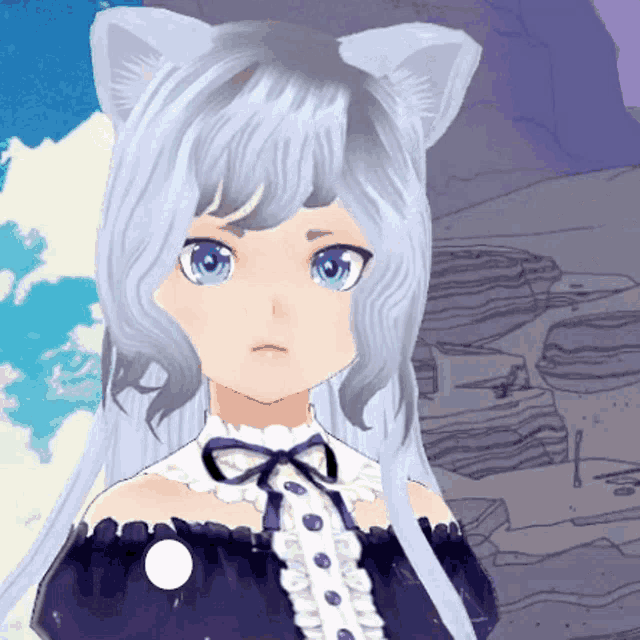 a drawing of a girl with cat ears and long white hair