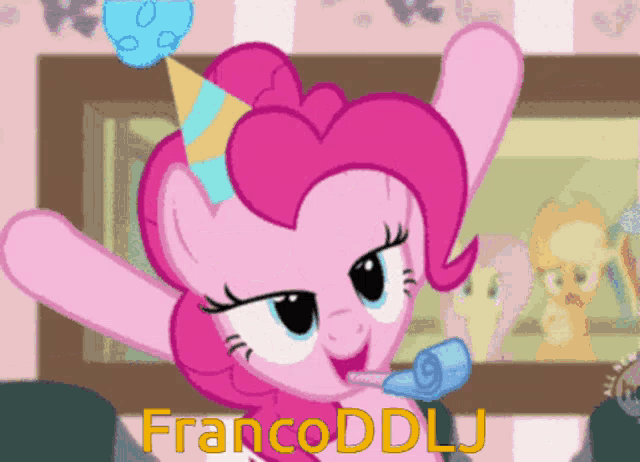 a pink pony wearing a party hat with the name francoddlj on the bottom