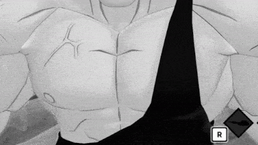 a black and white drawing of a man 's torso with a r button in the corner