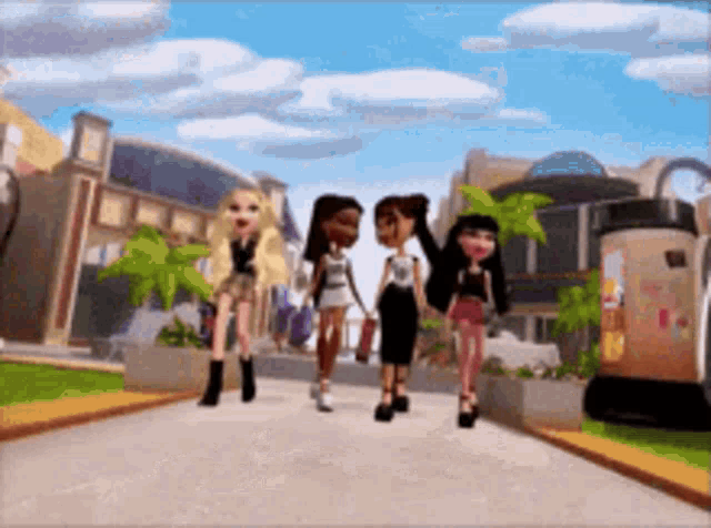 a group of dolls are walking down a street in a city