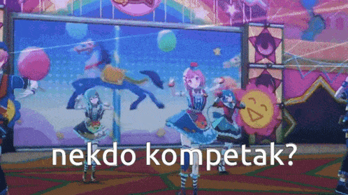 a group of anime characters are dancing in front of a wall that says nekdo kompetak ?