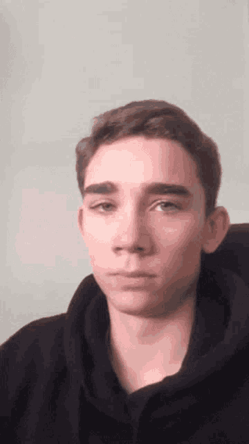 a young man in a black hoodie is making a funny face