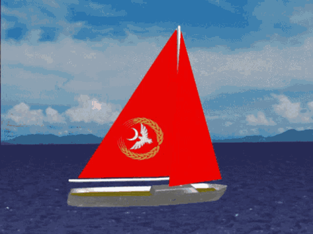 a sailboat with a red sail has a white dove on it