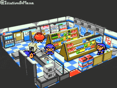 a pixel art of a convenience store with the illusion of mana written on the bottom right