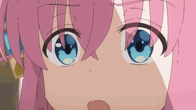 a close up of a pink haired anime girl with blue eyes