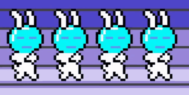 a pixel art of four rabbits with a blue face