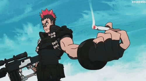 a cartoon of a man holding a gun and a cigarette with the words abyssess below him