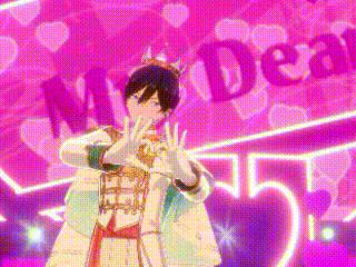 a man wearing a crown and gloves is standing in front of a purple background .