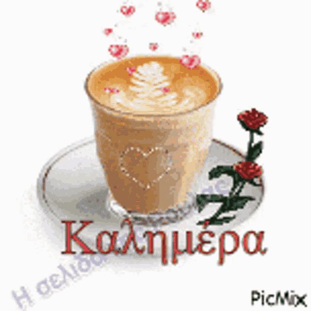 a cup of coffee on a saucer with a heart on it and the words " καλημερα " on the bottom