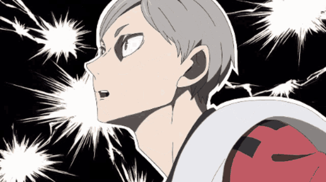 a cartoon drawing of a boy with gray hair and a red shirt