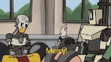 a cartoon of two robots sitting next to each other with the word mercy written on the bottom