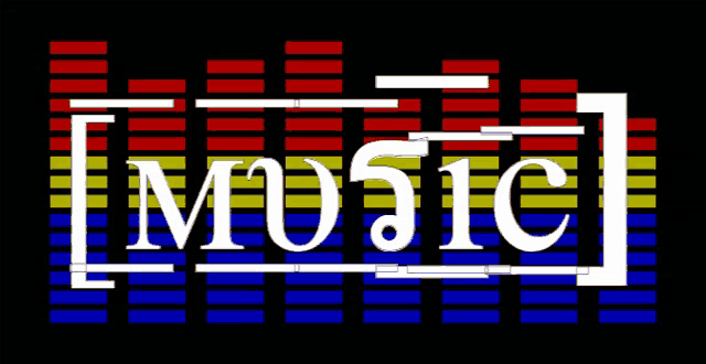 the word music is displayed on a black background