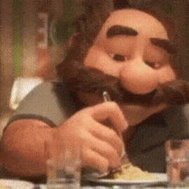 a cartoon man with a mustache is eating spaghetti with a fork