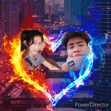a man and a woman are in a heart made of fire and water with the words power director below them
