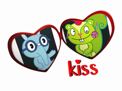 two hearts with cartoon characters on them and the word kiss in red