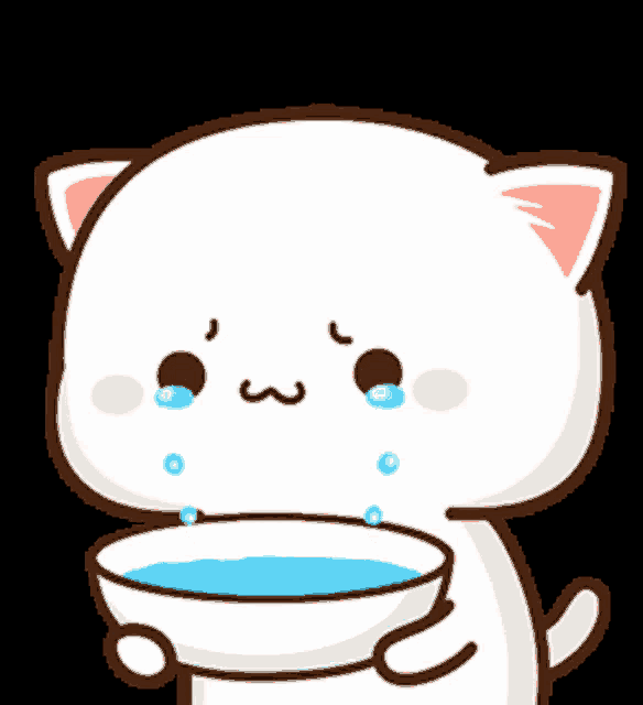 a cartoon cat is crying while holding a cup of water
