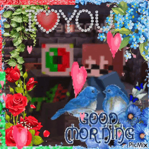 a picture of two birds and flowers with the words good morning on it