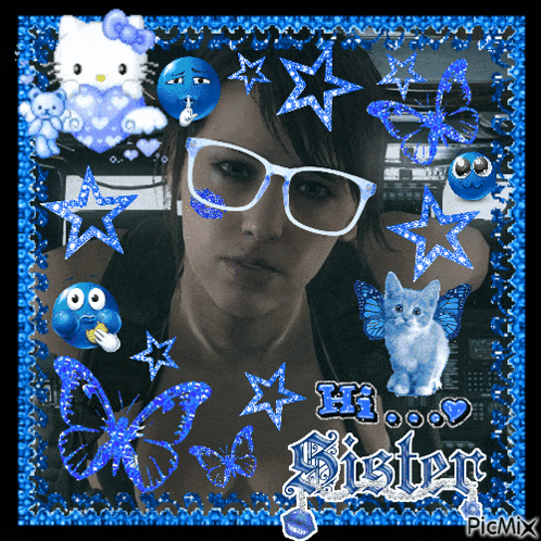 a picture of a girl with glasses is surrounded by blue butterflies
