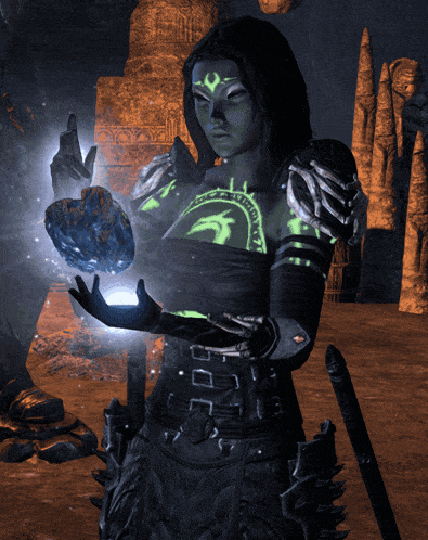 a woman with a glowing green face is holding a rock