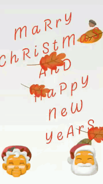 a merry christmas and happy new year greeting card with santa and leaves
