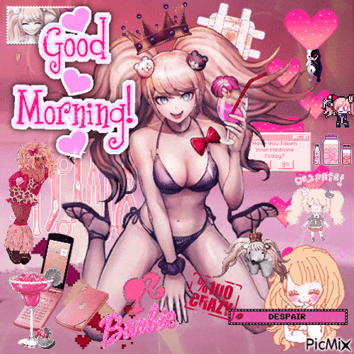 a picture of a girl in a bikini with the words good morning written above her