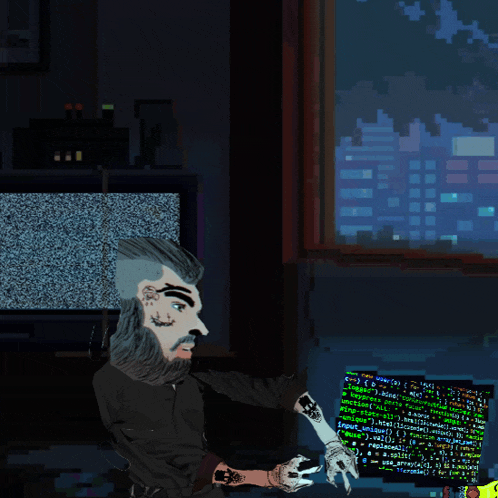 a pixel art of a man with a tattoo on his arm