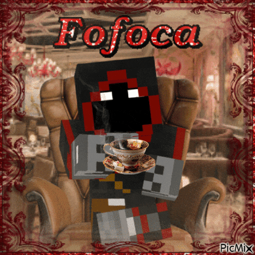 a picture of a minecraft character sitting in a chair with a cup of coffee