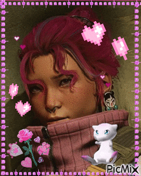 a pixel art of a girl with pink hair and a white cat