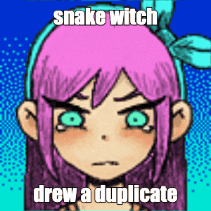 a drawing of a girl with pink hair and green eyes with a caption that says snake witch drew a duplicate
